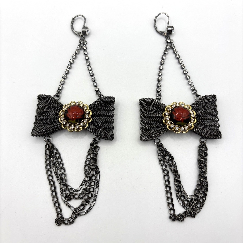Vintage Betsey Johnson Mesh Bow Earrings Gunmetal Red Roses 5" Long